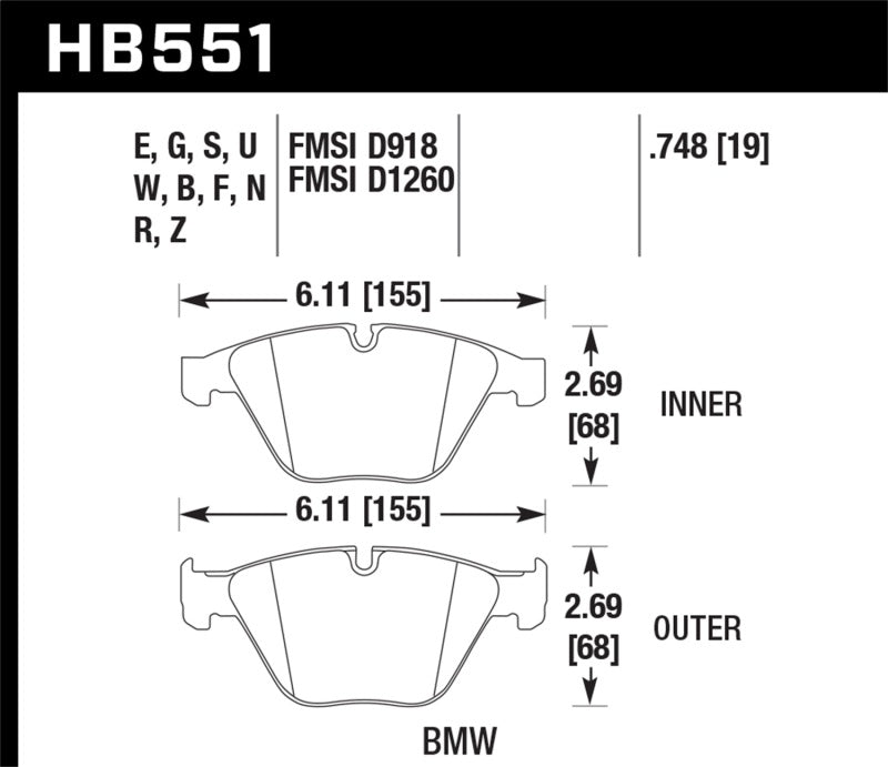 Hawk Ceramic Street Front Brake Pads - 07-09 BMW 335d/335i/335xi / 08-09 328i/M3 - HB551Z.748