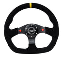 NRG Reinforced Steering Wheel - 320mm Sport Suede dual push buttons flat bottom with yellow center mark - RST-024D-MB-S-Y