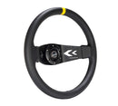 NRG Reinforced Steering Wheel NRG Arrow cut out two spoke 350mm Sport Stereing Wheel Leather (3" Deep) Black Suede, yellow Center Marking, NRG Arrow cut out two spoke - RST-022R-Y