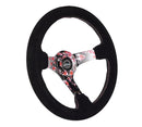 NRG Reinforced Steering Wheel - Hydro Dipped Sakura Floral 3" Deep, 5mm spoke, 350mm Sport Steering Wheel Pink Suede w/ Black baseball stitching - RST-036SAK-S