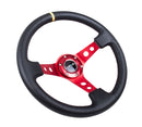 NRG Reinforced Steering Wheel - 350mm Sport Steering Wheel (3" Deep) - Red Spoke w/ Round holes / Black Leather / Yellow Center Mark - RST-006RD-Y