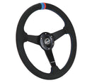 NRG 350mm sport steering wheel (1.5' deep) black perforated Leather with M3 stitching - Matte Black Solid Spokes with Minty Fresh Miata Logo Etched - RST-037MB-SA-M3