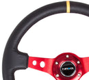 NRG Reinforced Steering Wheel - 350mm Sport Steering Wheel (3" Deep) - Red Spoke w/ Round holes / Black Leather / Yellow Center Mark - RST-006RD-Y