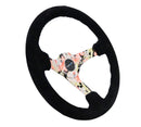 NRG Reinforced Steering Wheel - Hydro Dipped Tropical Floral 3" Deep, 5mm spoke, 350mm Sport Steering Wheel Black Suede w/ Black baseball stitching - RST-036FL-S