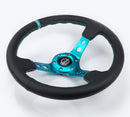 NRG Reinforced Steering Wheel - 350MM Sport Steering Wheel (3" Deep) - Black Leather Teal center mark with Teal stitching and Teal Center spoke - RST-006TL