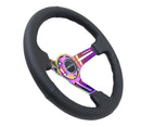 NRG Reinforced Steering Wheel 350mm Sport Steering Wheel Leather (3" Deep) Black Stitch with slits in Neochrome - RST-018R-MCBS