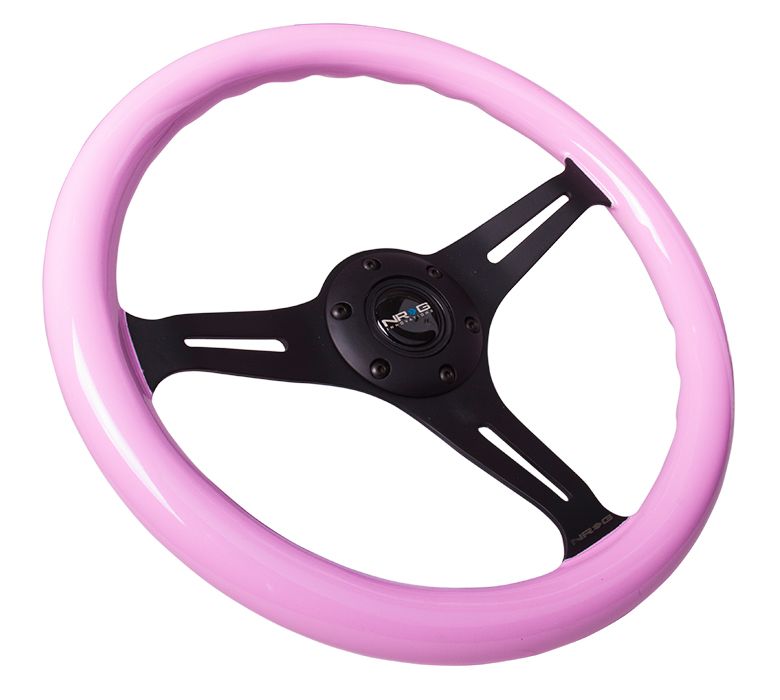 NRG Classic Wood Grain Wheel, 350mm 3 black spokes, solid pink painted grip - ST-015BK-PK