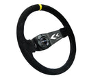 NRG Reinforced Steering Wheel NRG Arrow cut out two spoke 350mm Sport Stereing Wheel Suede (3" Deep) Black Suede, yellow Center Marking, - RST-022S-Y
