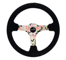 NRG Reinforced Steering Wheel - Hydro Dipped Tropical Floral 3" Deep, 5mm spoke, 350mm Sport Steering Wheel Black Suede w/ Black baseball stitching - RST-036FL-S