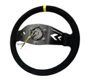 NRG Reinforced Steering Wheel NRG Arrow cut out two spoke 350mm Sport Stereing Wheel Suede (3" Deep) Black Suede, yellow Center Marking, - RST-022S-Y
