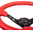 NRG Reinforced Steering Wheel - 350mm Sport Steering Wheel (3" Deep) - Black Spoke w/ Round holes / Red Leather / Black Stitch - RST-006RR-BS