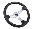 NRG Reinforced Steering Wheel - 350mm Sport Steering Wheel (3" Deep) - SILVER Spoke w/ Round holes / Black Leather / Yellow Center Mark - RST-006SL-Y