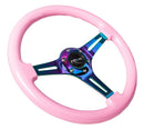 NRG Classic Wood Grain Wheel, 350mm 3 Neochrome spokes, solid pink painted grip - ST-015MC-PK