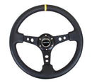 NRG Reinforced Steering Wheel - 350mm Sport Steering Wheel (3" Deep) - Black Spoke w/ Round holes / Black Leather / Yellow Stripes - RST-006BK-Y