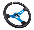 NRG Reinforced Steering Wheel - 350mm Sport Steering Wheel (3" Deep) - Blue Spoke w/ Round holes / Black Leather and Yellow center stripe - RST-006BL-Y