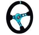 NRG Reinforced Steering Wheel - 350MM Sport Steering Wheel (3" Deep) - Black Suede Teal center mark with Teal stitching and Teal Center spoke - RST-006S-TL
