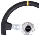 NRG Reinforced Steering Wheel - 350mm Sport Steering Wheel (3" Deep) - SILVER Spoke w/ Round holes / Black Leather / Yellow Center Mark - RST-006SL-Y