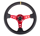 NRG Reinforced Steering Wheel - 350mm Sport Steering Wheel (3" Deep) - Red Spoke w/ Round holes / Black Leather / Yellow Center Mark - RST-006RD-Y