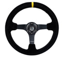 NRG Reinforced Steering Wheel - 3" Deep, 5mm matte black spoke, 350mm Sport Steering Wheel Black suede w/ Black criss cross stitching and Yellow Center Mark - RST-036MB-S-Y