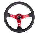 NRG Reinforced Steering Wheel - 350mm Sport Steering Wheel (3" Deep) - Red Spoke w/ Round holes / Black Leather - RST-006RD