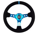 NRG Reinforced Steering Wheel - 350mm Sport Steering Wheel (3" Deep) - Blue Spoke w/ Round holes / Black Leather and Blue center stripe, and Blue Stitching - RST-006S-BL