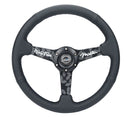 NRG 350mm sport steering wheel (1.5' deep) black perforated Leather with Black stitching - Matte Black Solid Spokes with Minty Fresh Miata Logo Etched - RST-037MB-MF