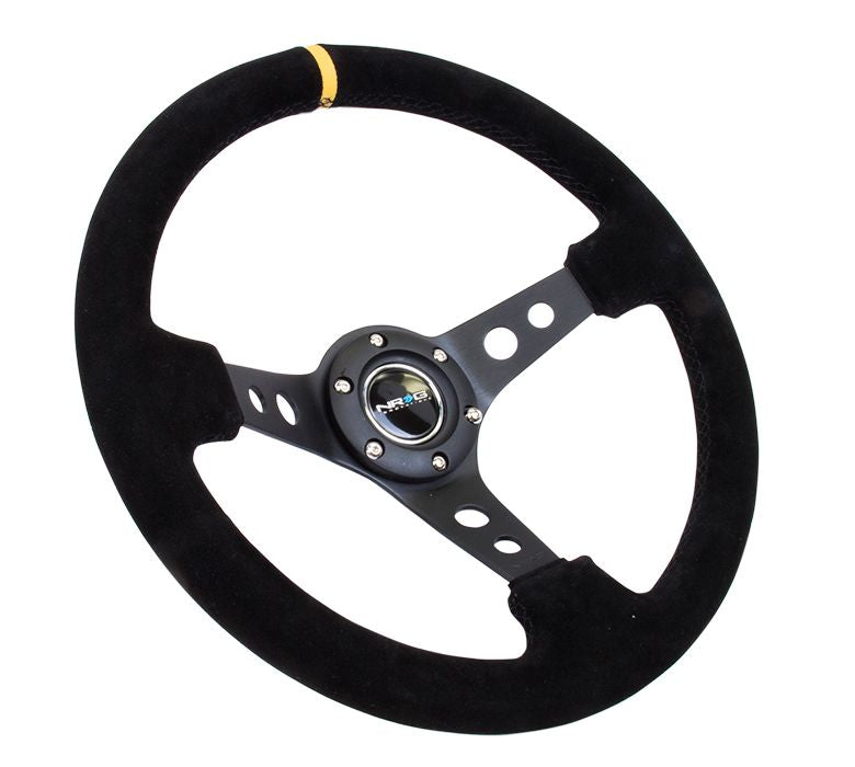 NRG Reinforced Steering Wheel - 350mm Sport Steering Wheel (3" Deep) - Suede Black Stitch w/ Yellow Center Mark - RST-006S-Y