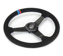 NRG 350mm sport steering wheel (1.5' deep) black perforated Leather with M3 stitching - Matte Black Solid Spokes with Minty Fresh Miata Logo Etched - RST-037MB-SA-M3