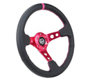 NRG Reinforced Steering Wheel - 350MM Sport Steering Wheel (3" Deep) - Black Leather Fushia center mark with Fushia stitching.Fushia Center spoke - RST-006FH