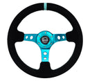 NRG Reinforced Steering Wheel - 350MM Sport Steering Wheel (3" Deep) - Black Suede Teal center mark with Teal stitching and Teal Center spoke - RST-006S-TL