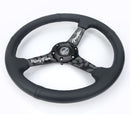 NRG 350mm sport steering wheel (1.5' deep) black perforated Leather with Black stitching - Matte Black Solid Spokes with Minty Fresh Miata Logo Etched - RST-037MB-MF