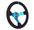 NRG Reinforced Steering Wheel - 350mm Sport Steering Wheel (3" Deep) - Blue Spoke w/ Round holes / Black Leather and Blue center stripe, and Blue Stitching - RST-006S-BL