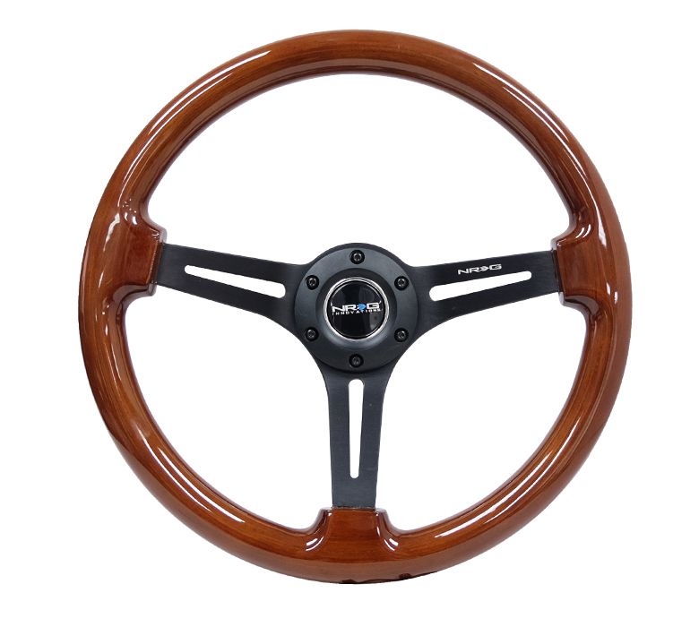 NRG Reinforced Classic Wood Grain Wheel, 350mm, 3 spoke Slotted Center Black with Brown Painted Wood - RST-018BR-BK
