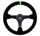 NRG Reinforced Steering Wheel - 3" Deep, 5mm matte black spoke, 350mm Sport Steering Wheel Black suede w/ Neon Green baseball stitching / Neon Green Center Mark - RST-036MB-S-GN