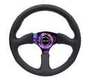 NRG Reinforced Steering Wheel- 350mm Sport Leather Racing ( 2.5" Deep) Comfort Grip, 4mm metal neochrome spoke - RST-023MC-R