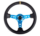 NRG Reinforced Steering Wheel - 350mm Sport Steering Wheel (3" Deep) - Blue Spoke w/ Round holes / Black Leather and Yellow center stripe - RST-006BL-Y