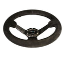 NRG Reinforced Steering Wheel - 330mm Sport Suede Racing ( 3" Deep) Comfort Grip, 4mm matte black spoke with criss cross stitching - RST-033BK-S