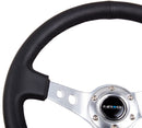 NRG Reinforced Steering Wheel - 350mm Sport Steering Wheel (3" Deep) - SILVER Spoke w/ Round holes / Black Leather - RST-006SL