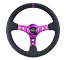 NRG Reinforced Steering Wheel - 350MM Sport Steering Wheel (3" Deep) - Black Leather, Purple center mark with purple stitching - RST-006PP