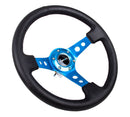 NRG Reinforced Steering Wheel - 350mm Sport Steering Wheel (3" Deep) - Blue Spoke w/ Round holes / Black Leather - RST-006BL