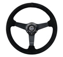 NRG 350mm sport steering wheel (1.5' deep) black suede with Black stitching - Matte Black Solid Spokes - RST-037MB-S