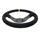 NRG Reinforced Steering Wheel NRG Arrow cut out two spoke 350mm Sport Stereing Wheel Suede (3" Deep) Black Suede, yellow Center Marking, - RST-022S-Y