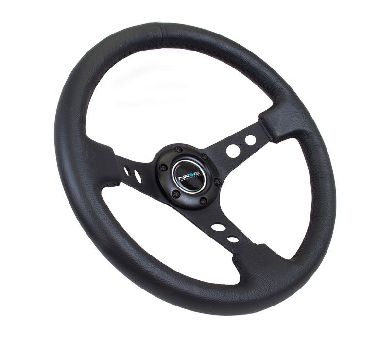 NRG Reinforced Steering Wheel - 350mm Sport Steering Wheel (3" Deep) - Black Spoke w/ Round holes / Black Leather - RST-006BK