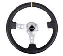 NRG Reinforced Steering Wheel - 350mm Sport Steering Wheel (3" Deep) - SILVER Spoke w/ Round holes / Black Leather / Yellow Center Mark - RST-006SL-Y