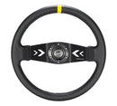 NRG Reinforced Steering Wheel NRG Arrow cut out two spoke 350mm Sport Stereing Wheel Leather (3" Deep) Black Suede, yellow Center Marking, NRG Arrow cut out two spoke - RST-022R-Y