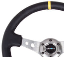 NRG Reinforced Steering Wheel - 350mm Sport Steering Wheel (3" Deep) - Gun Metal Spoke w/ Round holes / Black Leather / Yellow Center Mark - RST-006GM-Y