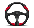 MOMO Quark 350mm Steering Wheel - Black Polyurethane with Black Spokes and Red Inserts