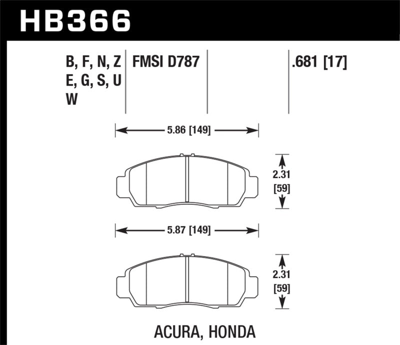 Hawk Ceramic Street Front Brake Pads - 04+ Accord TSX / 99-08 TL / 01-03 CL / 08+ Honda Accord EX - HB366Z.681