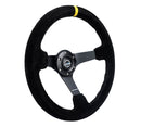 NRG Reinforced Steering Wheel - 3" Deep, 5mm matte black spoke, 350mm Sport Steering Wheel Black suede w/ Black criss cross stitching and Yellow Center Mark - RST-036MB-S-Y