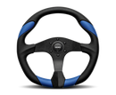MOMO Quark 350mm Steering Wheel with Black Polyurethane, Black Spokes, and Blue Inserts